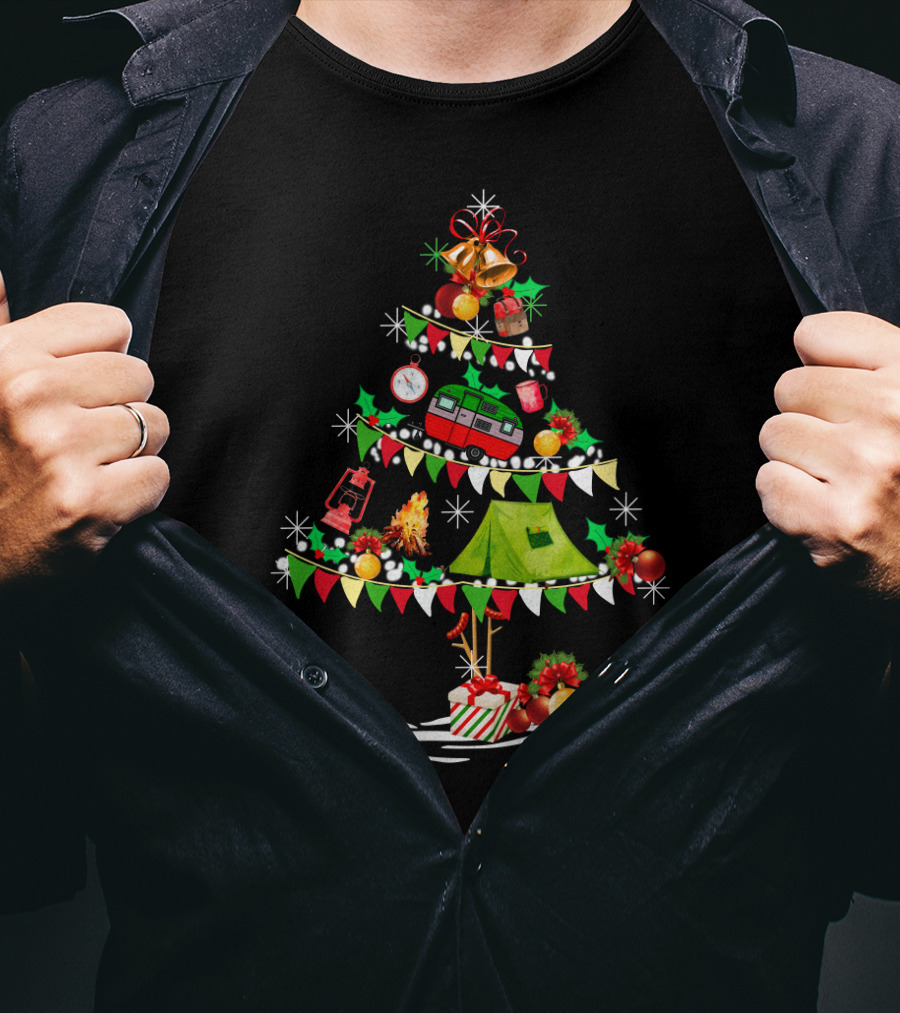 Christmas Tree Decorated With Camper Van, Tent, Bells, Ornaments, Lantern, Pinecones, Wrapped Gifts, And Campfire T-Shirt