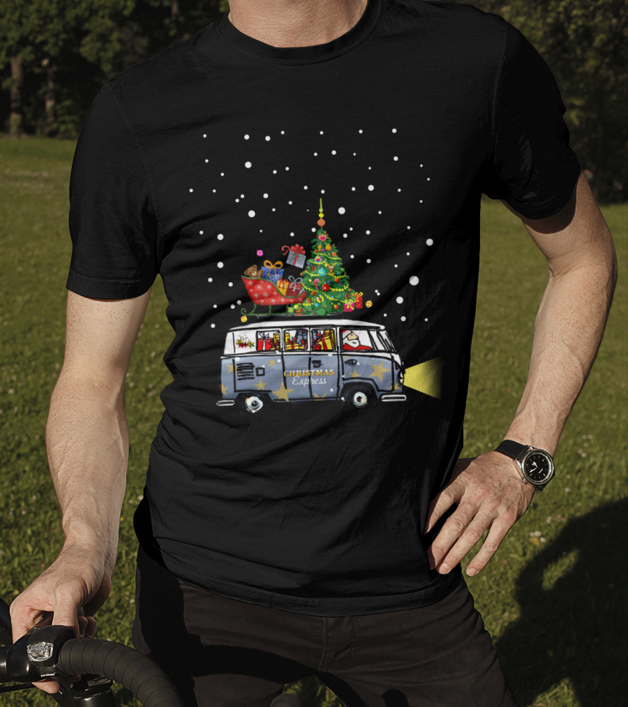 Christmas Express Van With Christmas Tree And Santa In Snowy Scene T-Shirt