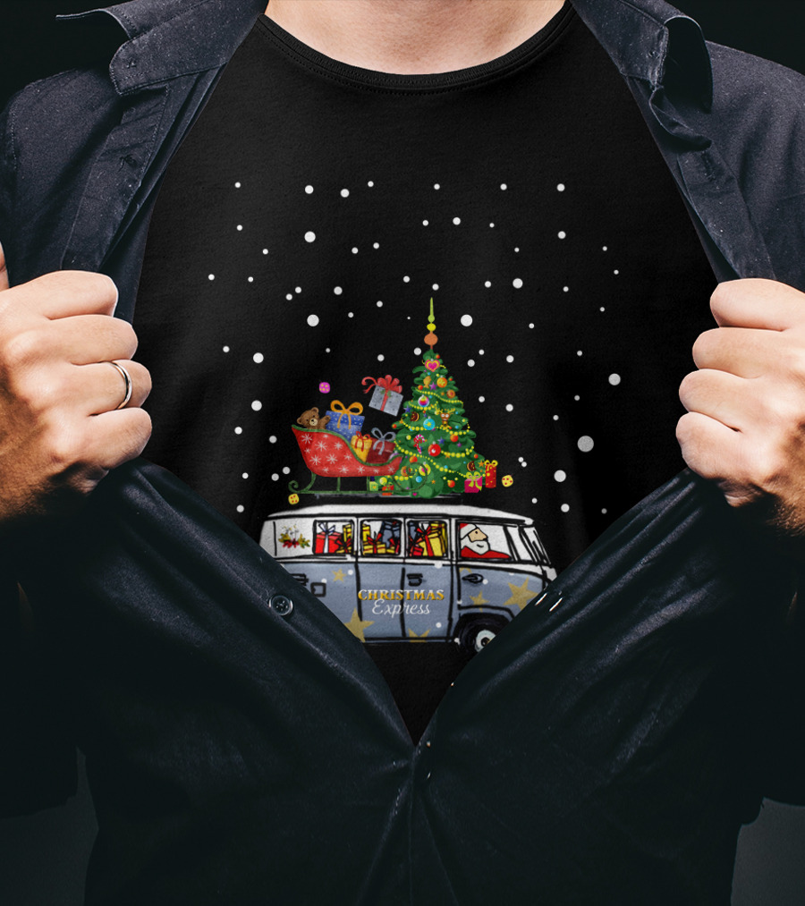 Christmas Express Van With Christmas Tree And Santa In Snowy Scene T-Shirt