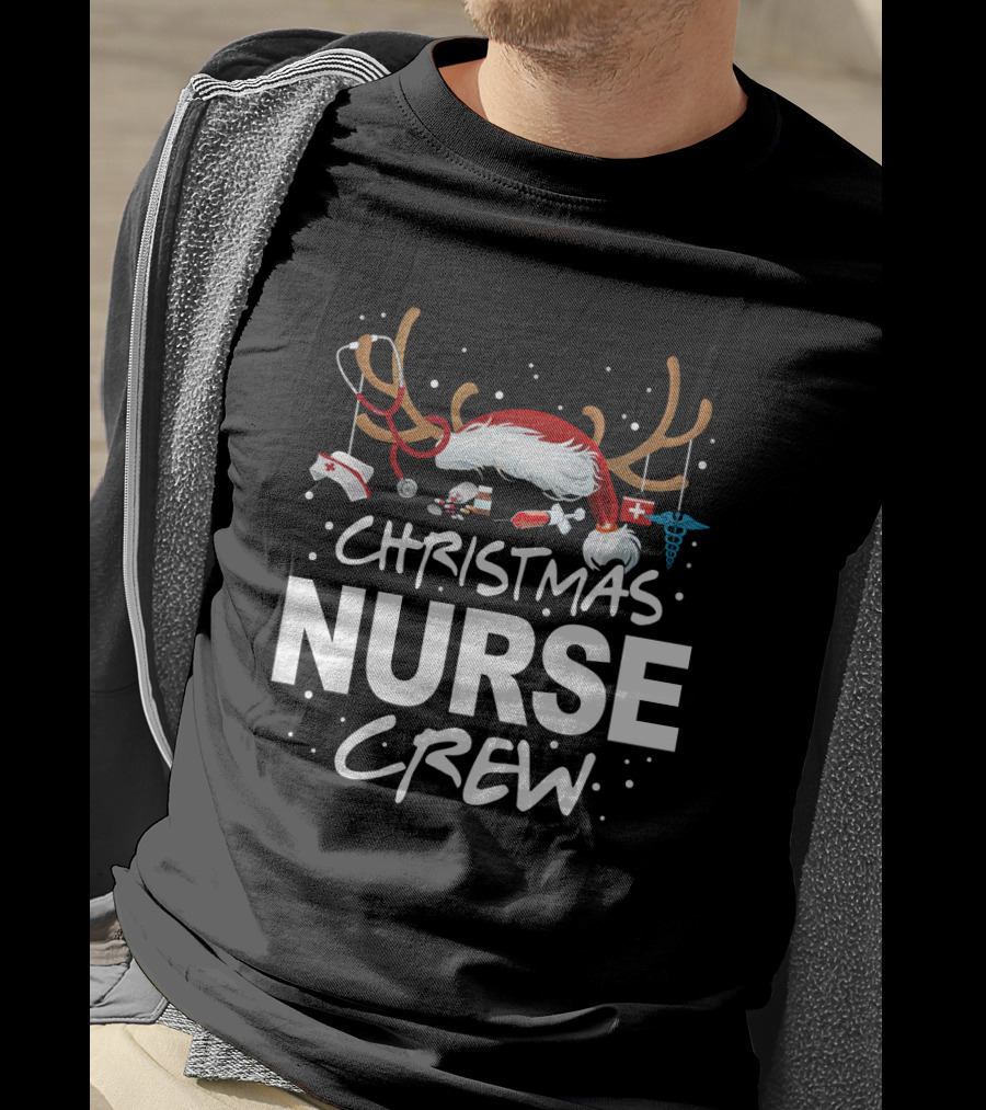 Christmas Nurse Crew With Santa Hat, Stethoscope, And Medical Icons T-Shirt