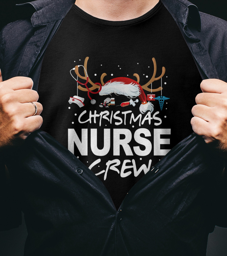 Christmas Nurse Crew With Santa Hat, Stethoscope, And Medical Icons T-Shirt