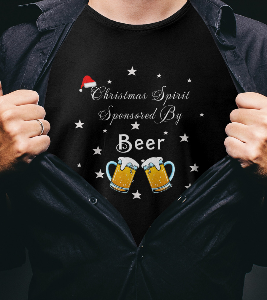 Christmas Spirit Sponsored By Beer With Santa Hat And Star Motif Featuring Beer Mugs T-Shirt