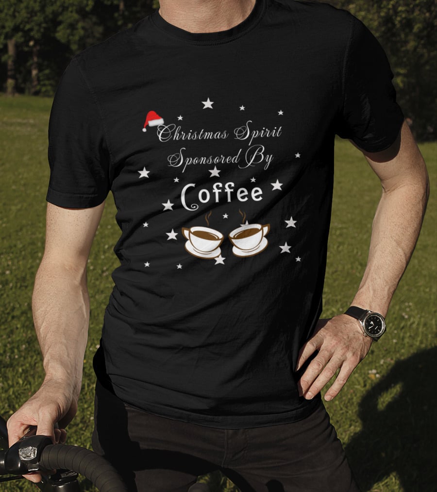 Festive Christmas Spirit Sponsored By Coffee With Santa Hat And Starry Coffee Cup T-Shirt