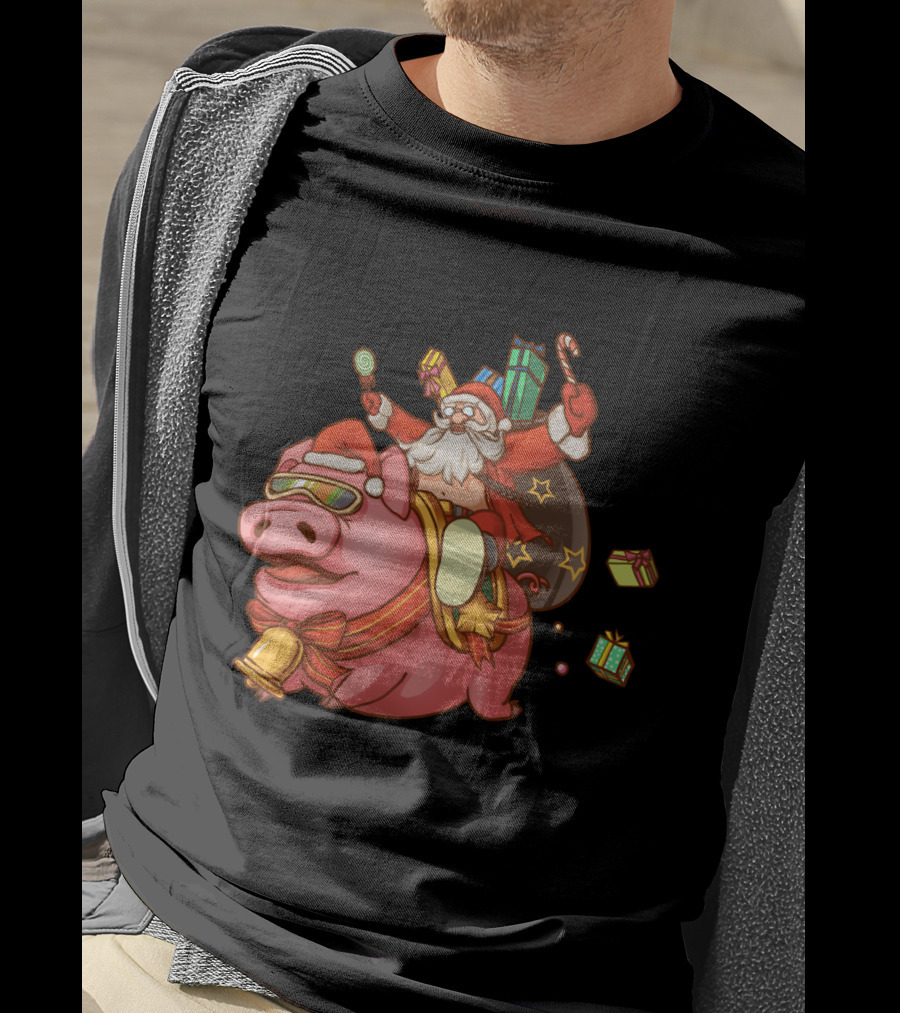 Santa Claus Riding Pig With Candy Canes And Christmas Gifts T-Shirt