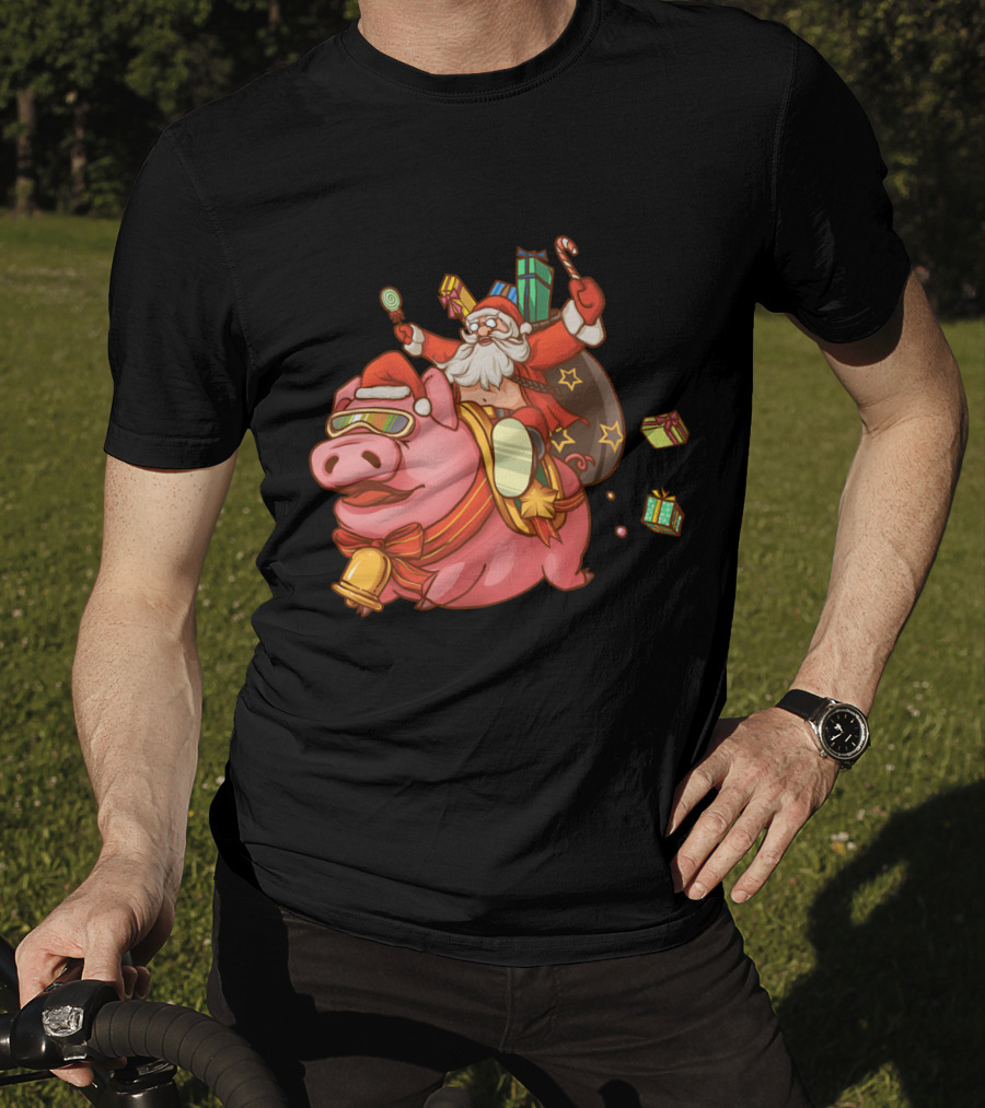 Santa Claus Riding Pig With Candy Canes And Christmas Gifts T-Shirt