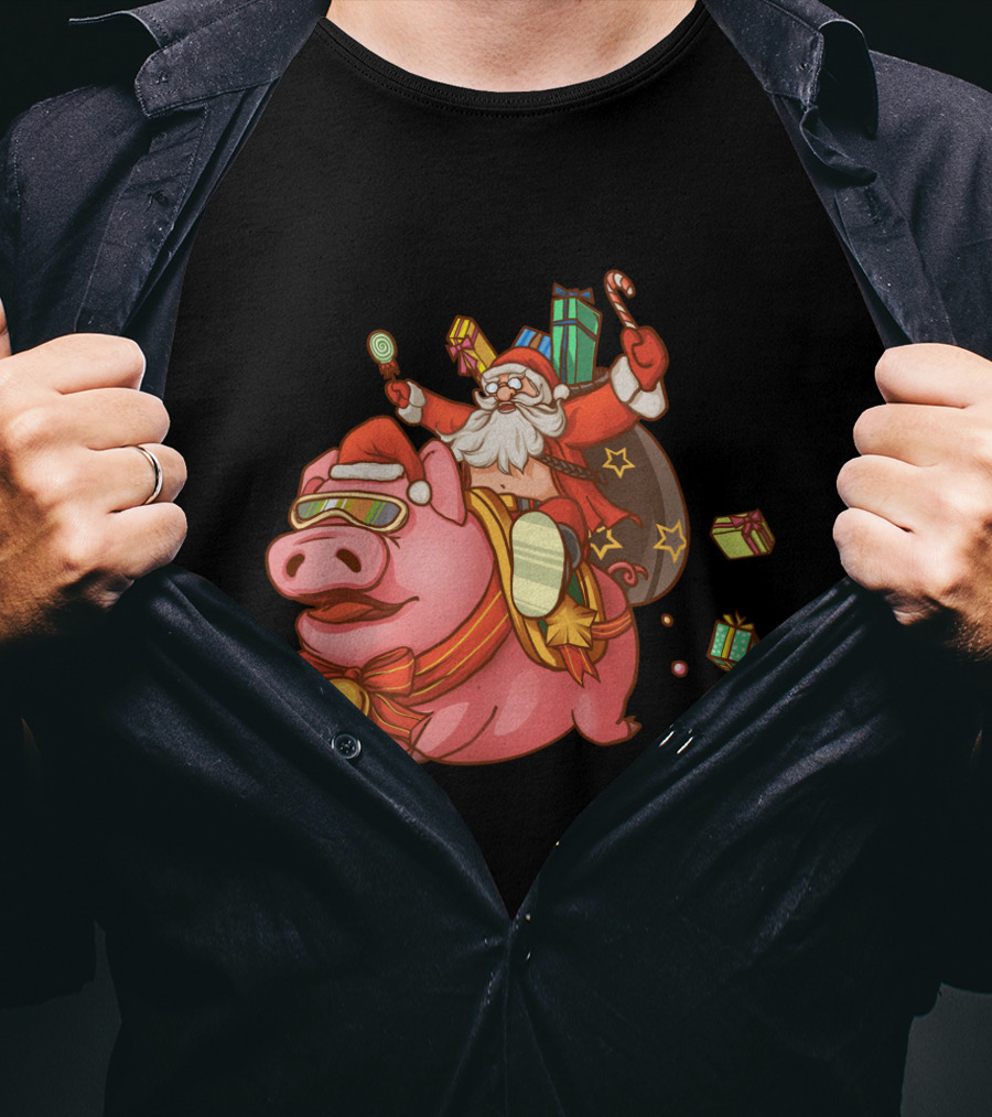 Santa Claus Riding Pig With Candy Canes And Christmas Gifts T-Shirt