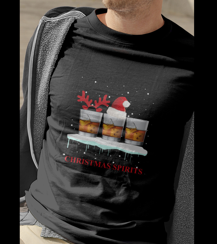 Christmas Spirits Whisky Glasses With Santa Hat And Reindeer Antlers T-Shirt