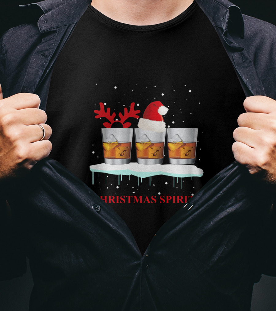 Christmas Spirits Whisky Glasses With Santa Hat And Reindeer Antlers T-Shirt