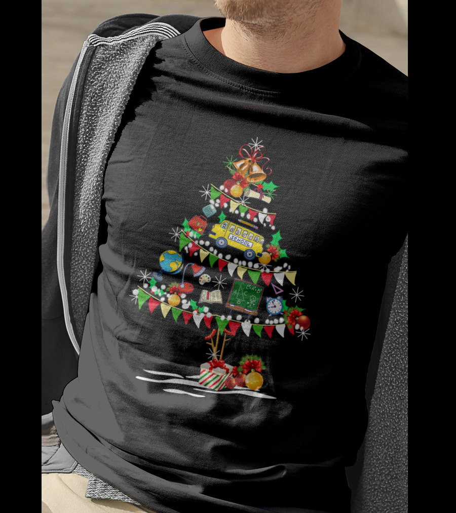 Christmas School Tree With Classroom Icons And Holiday Decorations T-Shirt