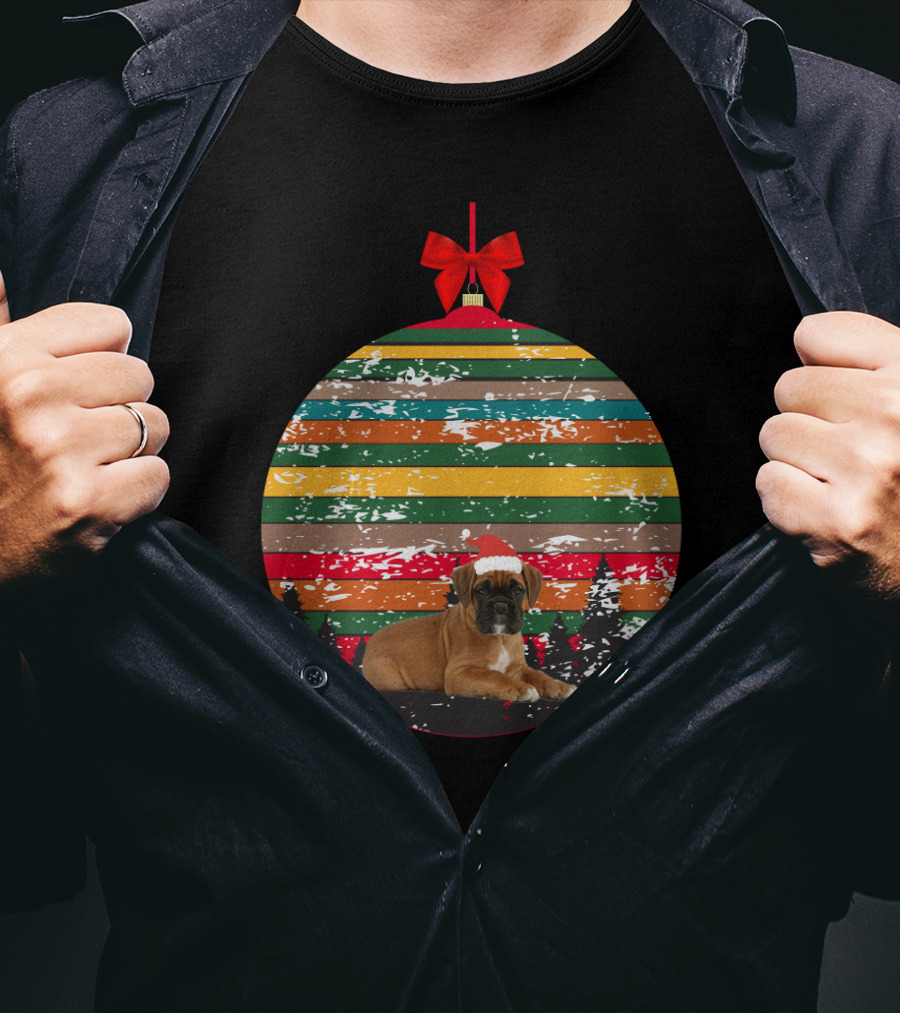 Christmas Vintage Boxer Puppy In Santa Hat Ornament With Stripes And Trees T-Shirt