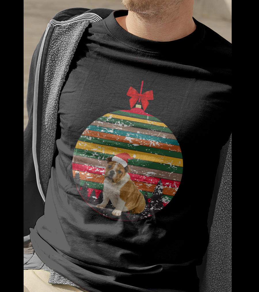 Vintage Christmas Bulldog Ornament Striped Santa Hat Forest Scene T-Shirt
