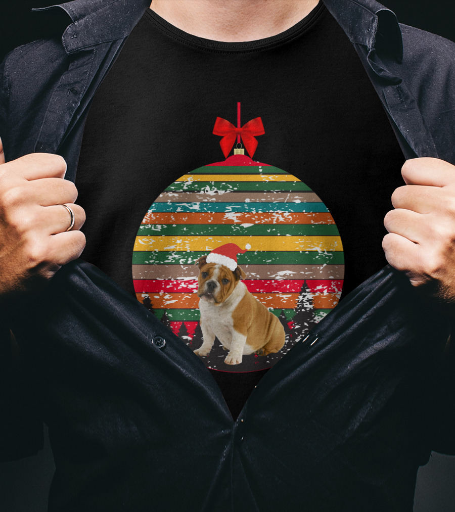 Vintage Christmas Bulldog Ornament Striped Santa Hat Forest Scene T-Shirt