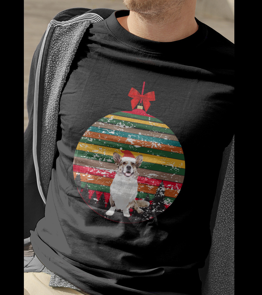 Christmas Corgi Ornament With Vintage Stripes And Festive Red Bow T-Shirt