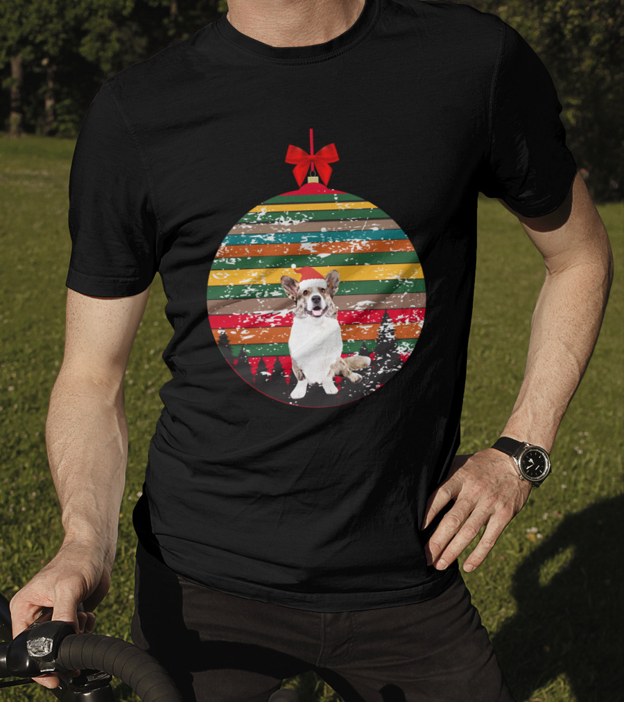 Christmas Corgi Ornament With Vintage Stripes And Festive Red Bow T-Shirt