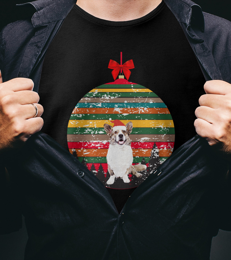 Christmas Corgi Ornament With Vintage Stripes And Festive Red Bow T-Shirt