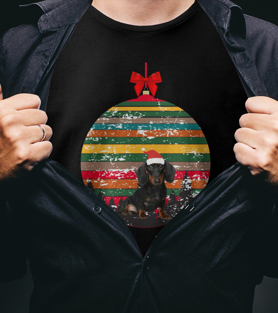 Christmas Dachshund In Vintage Festive Ornament With Santa Hat And Striped T-Shirt