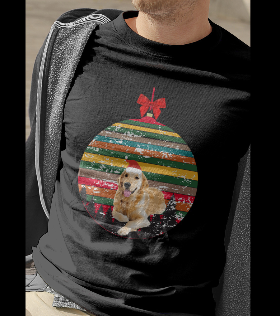 Christmas Vintage Golden Retriever Ornament With Santa Hat And Colorful Stripes T-Shirt