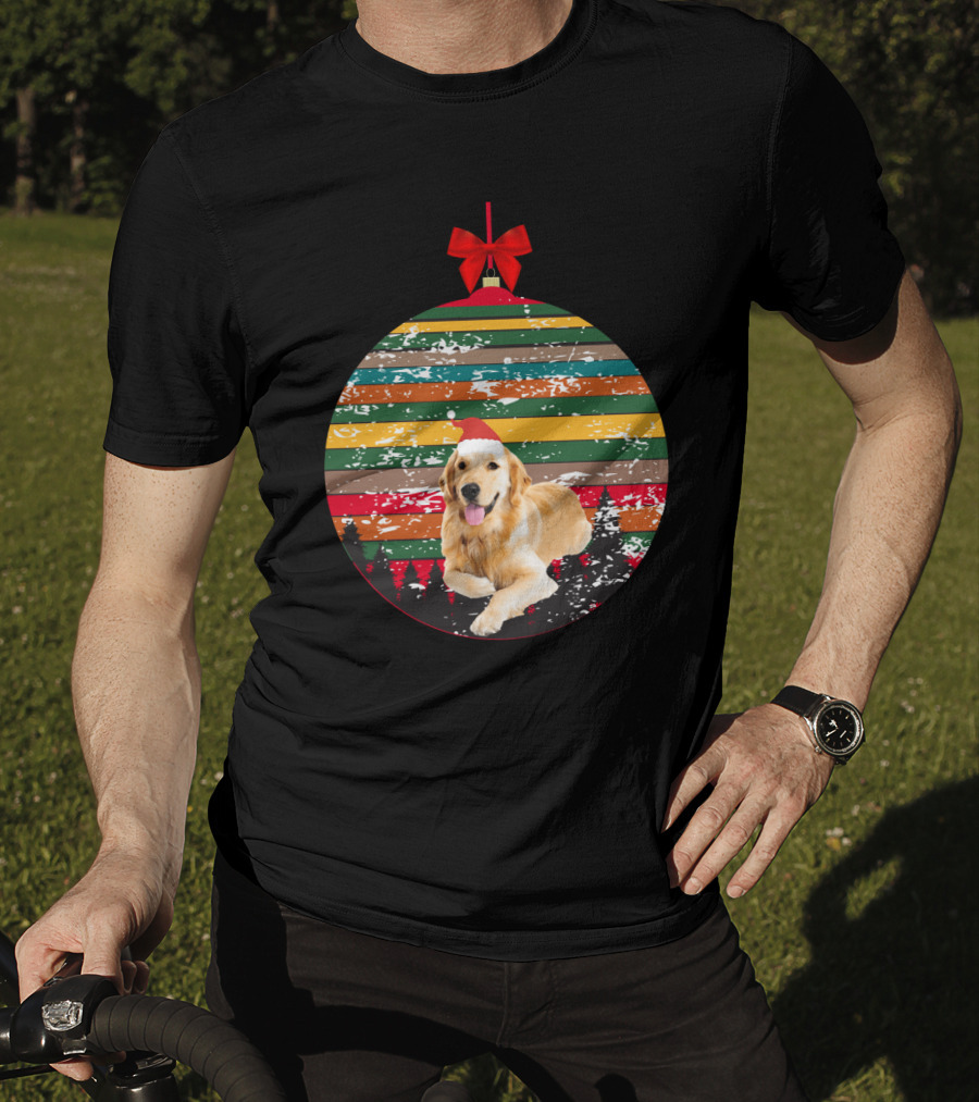 Christmas Vintage Golden Retriever Ornament With Santa Hat And Colorful Stripes T-Shirt