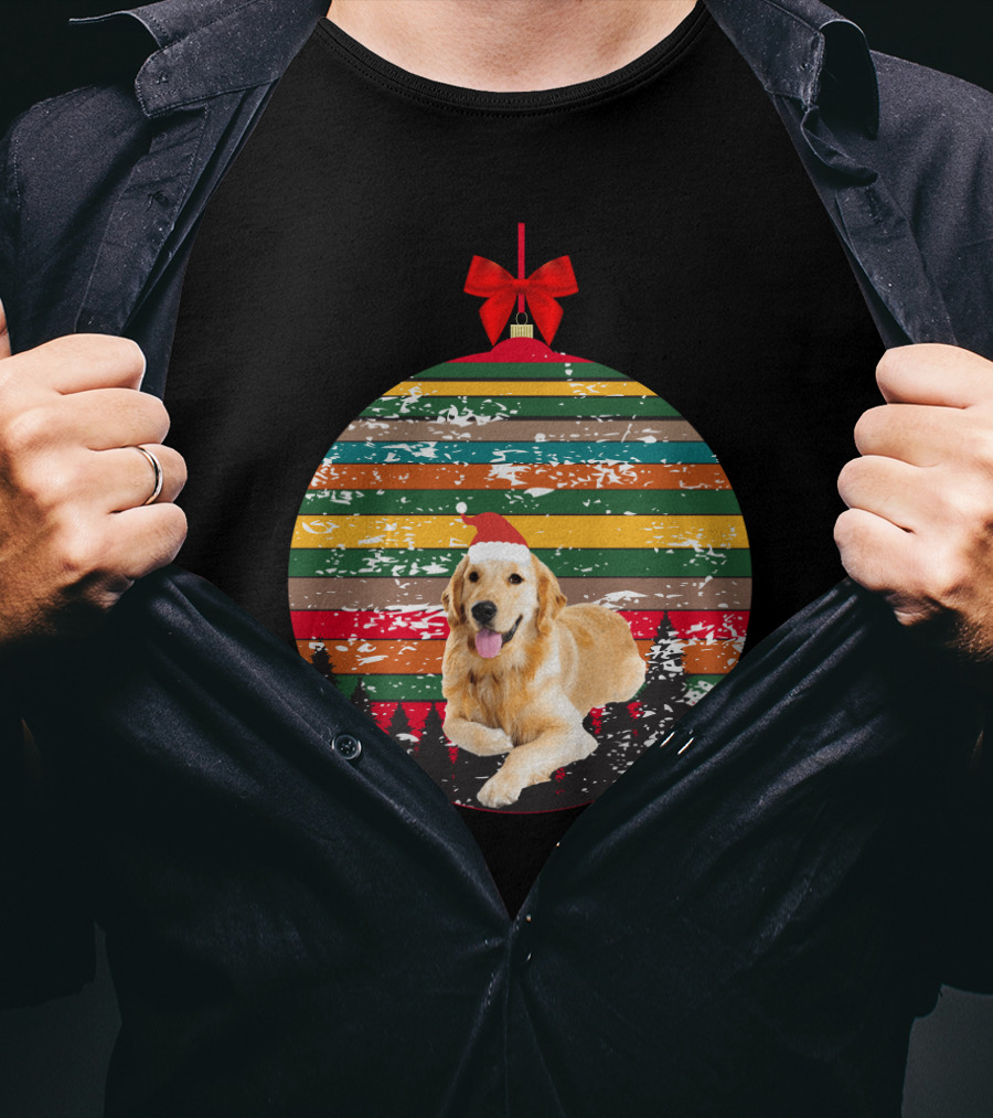 Christmas Vintage Golden Retriever Ornament With Santa Hat And Colorful Stripes T-Shirt