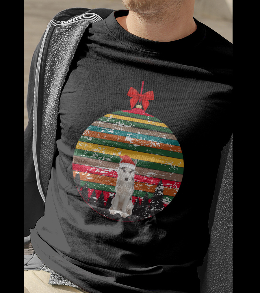 Christmas Husky With Santa Hat And Vintage Ornament Stripes T-Shirt