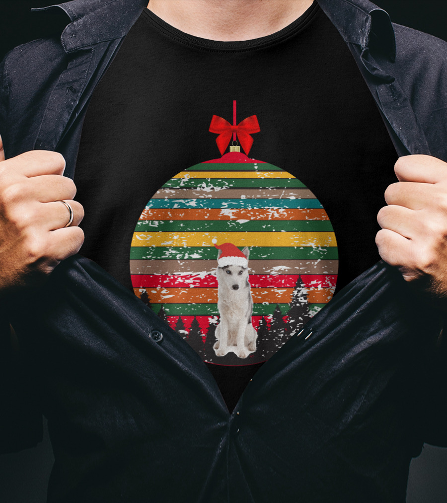 Christmas Husky With Santa Hat And Vintage Ornament Stripes T-Shirt