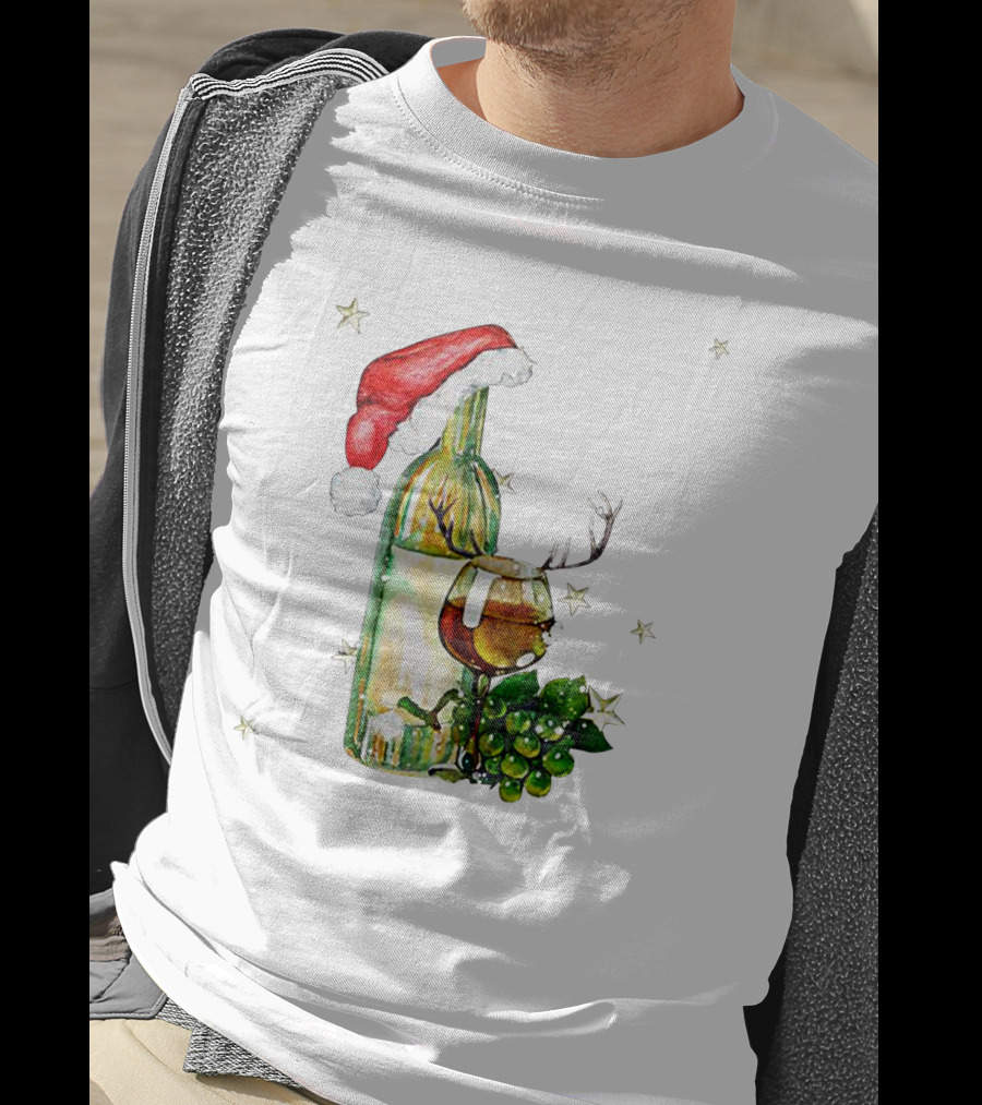Santa Hat Wine Bottle With Antler Glass Christmas Grapes And Stars T-Shirt