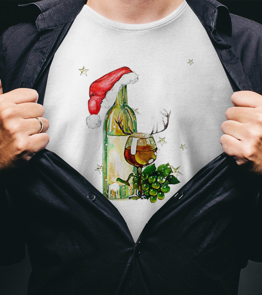 Santa Hat Wine Bottle With Antler Glass Christmas Grapes And Stars T-Shirt