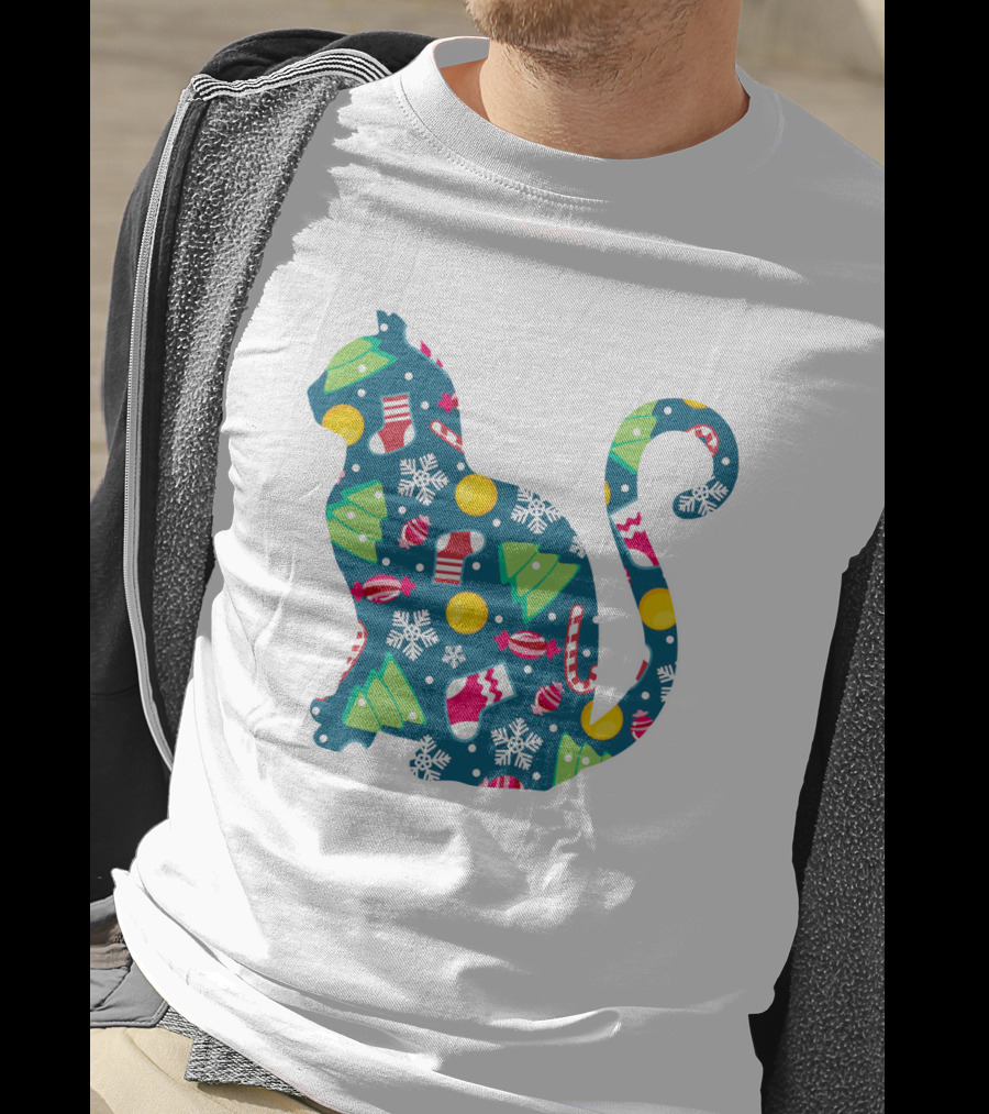 Christmas Cat Silhouette With Festive Trees And Ornaments T-Shirt