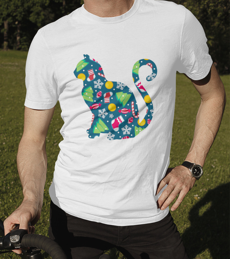 Christmas Cat Silhouette With Festive Trees And Ornaments T-Shirt
