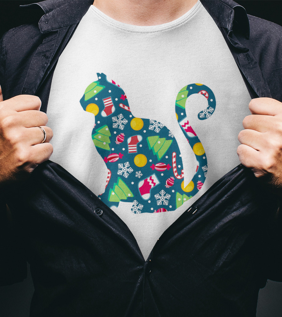 Christmas Cat Silhouette With Festive Trees And Ornaments T-Shirt