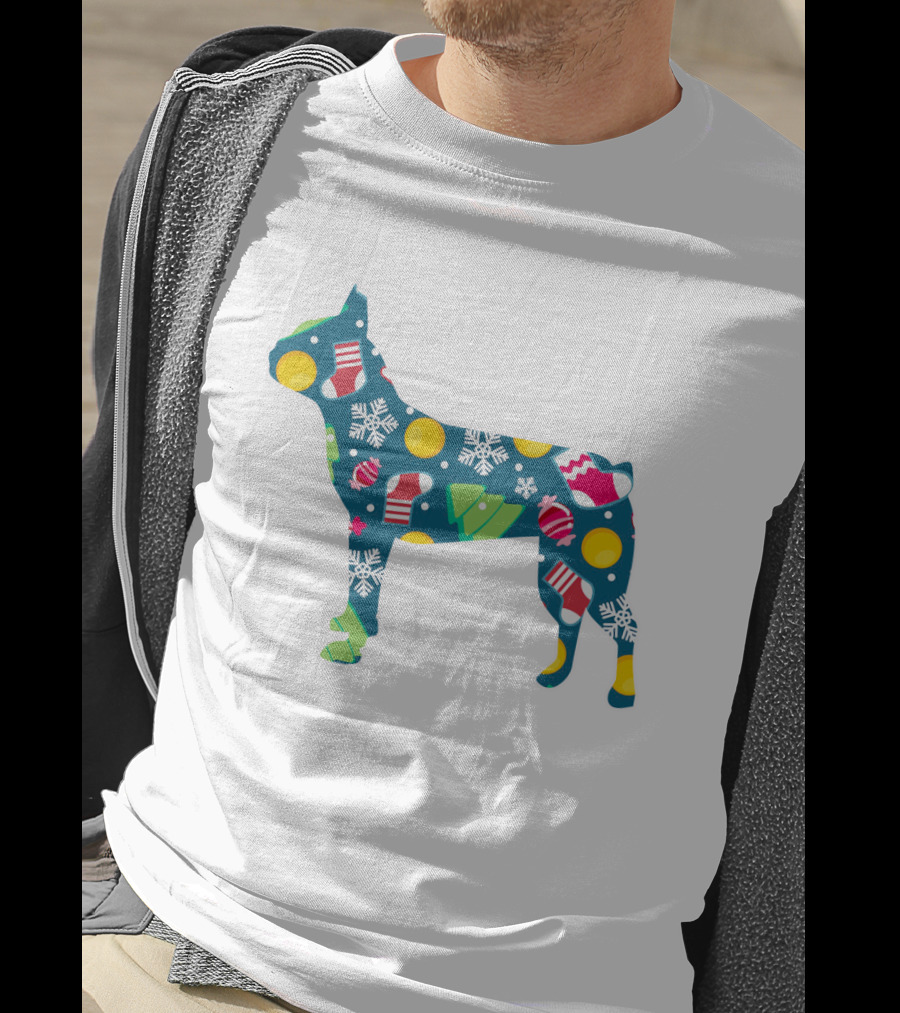 Festive Boston Terrier Dog Lover Christmas Pattern With Snowflakes And Ornaments T-Shirt