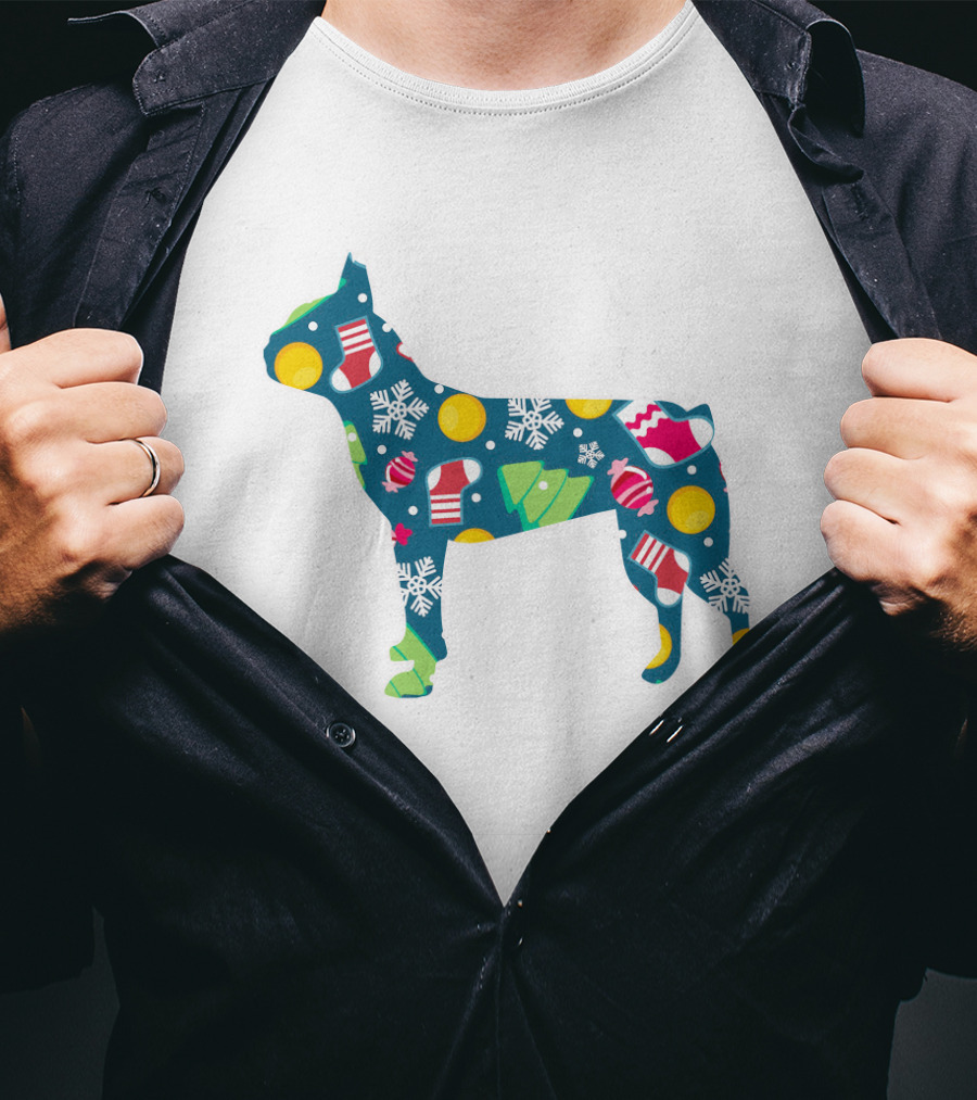 Festive Boston Terrier Dog Lover Christmas Pattern With Snowflakes And Ornaments T-Shirt