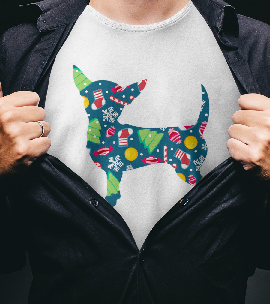 Chihuahua Christmas Candy Cane Snowflakes Holiday T-Shirt