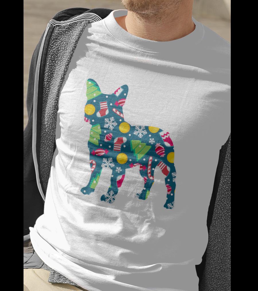 Dog Lover Christmas Frenchie Bulldog Pattern With Holiday Decorations T-Shirt