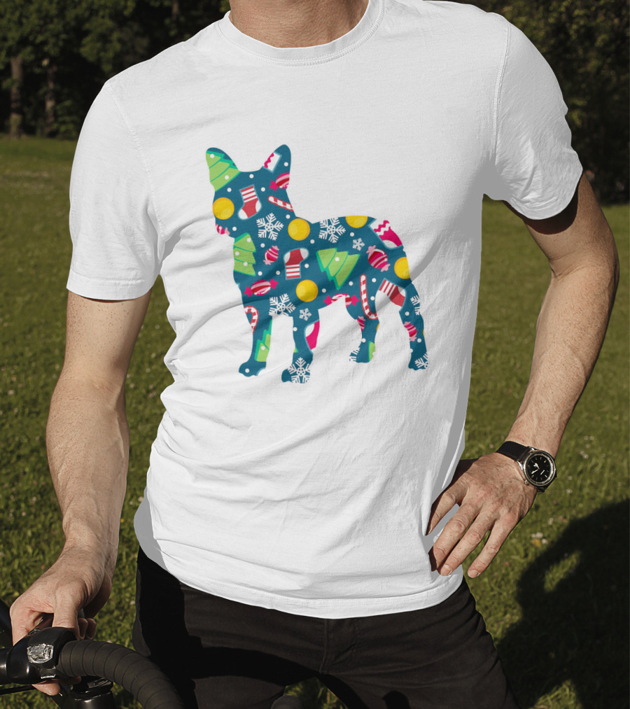 Dog Lover Christmas Frenchie Bulldog Pattern With Holiday Decorations T-Shirt