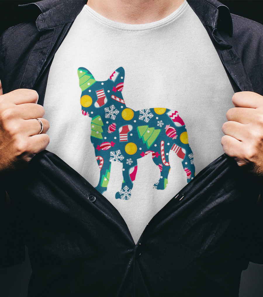 Dog Lover Christmas Frenchie Bulldog Pattern With Holiday Decorations T-Shirt