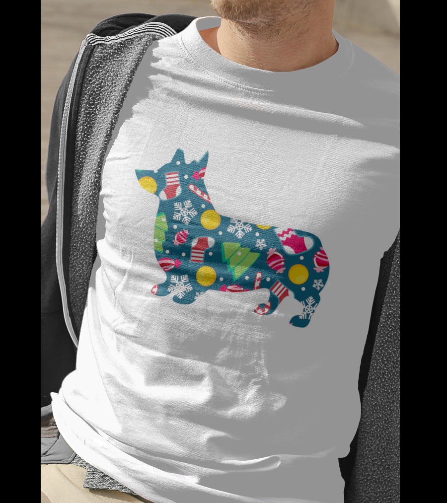 Corgi Silhouette With Candy Canes Ornaments Snowflakes And Christmas Trees For Dog Lovers T-Shirt