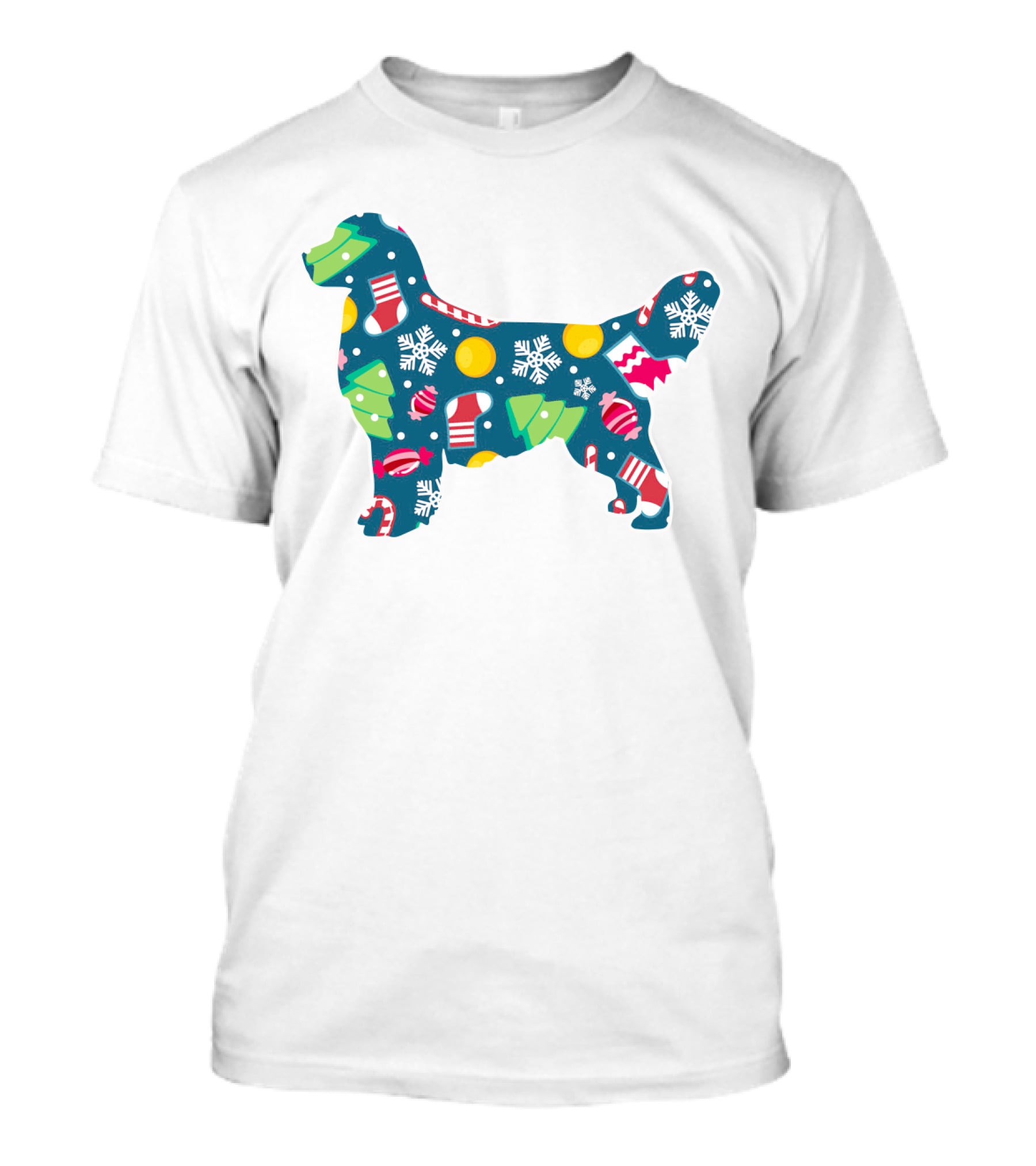 Golden Retriever Christmas Pattern With Snowflakes, Trees, Ornaments, And Stockings For Dog Lovers T-Shirt