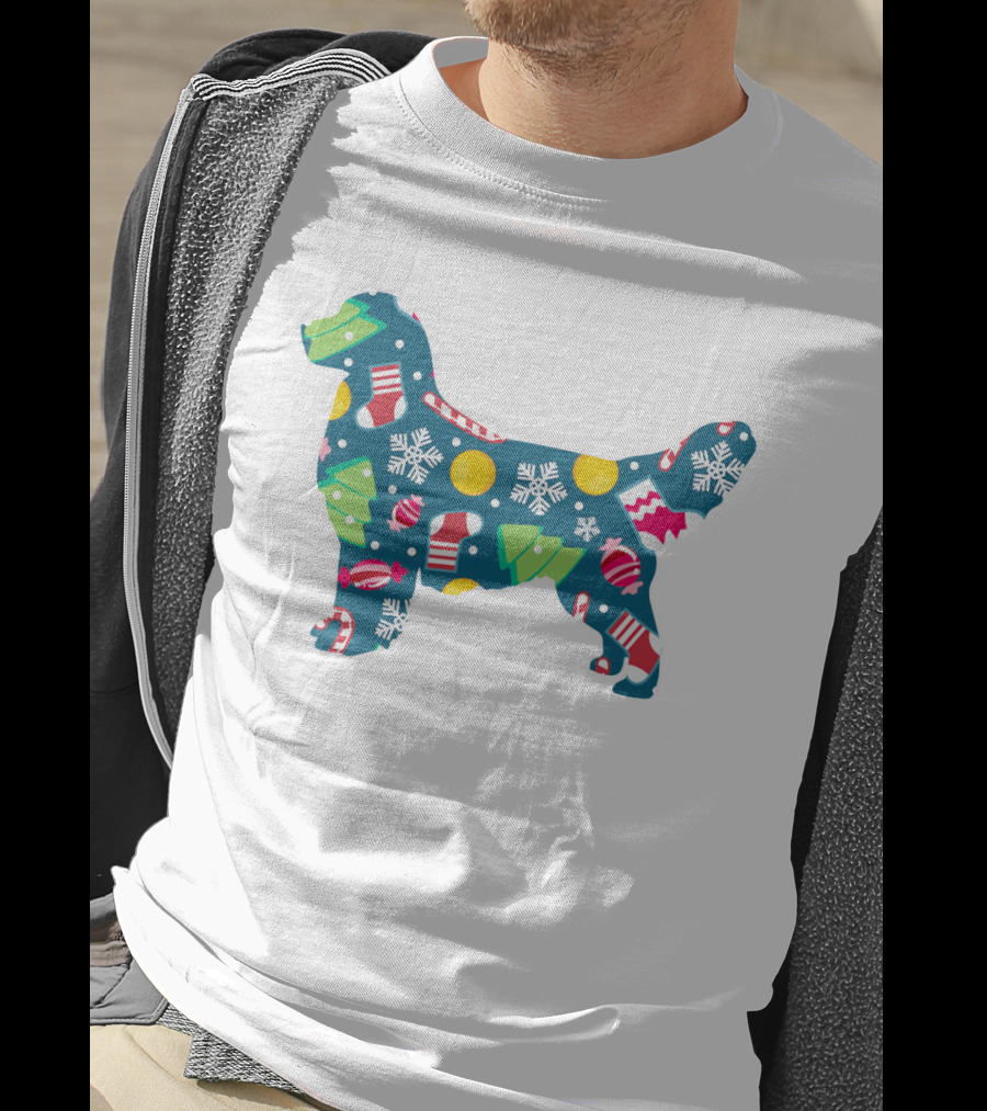 Golden Retriever Christmas Pattern With Snowflakes, Trees, Ornaments, And Stockings For Dog Lovers T-Shirt