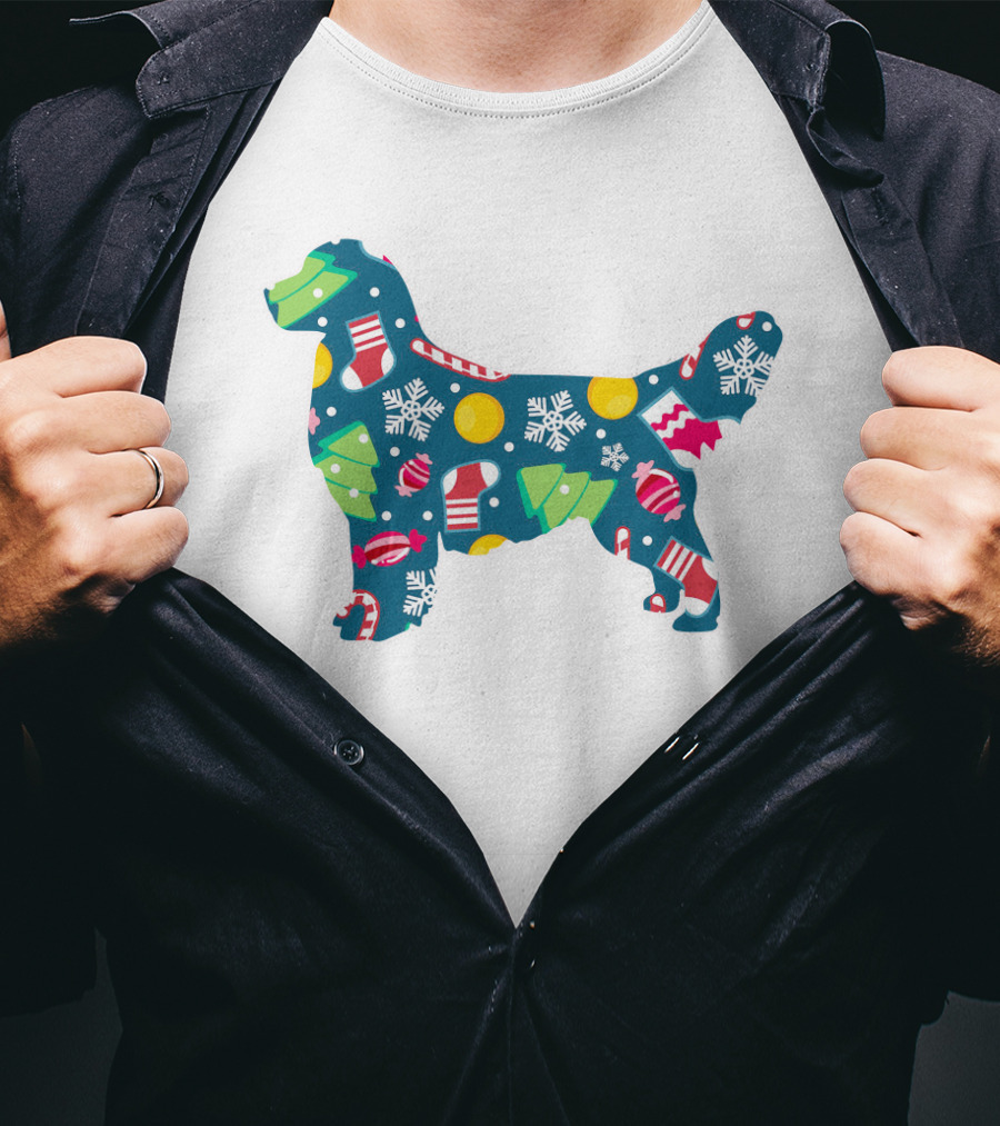 Golden Retriever Christmas Pattern With Snowflakes, Trees, Ornaments, And Stockings For Dog Lovers T-Shirt