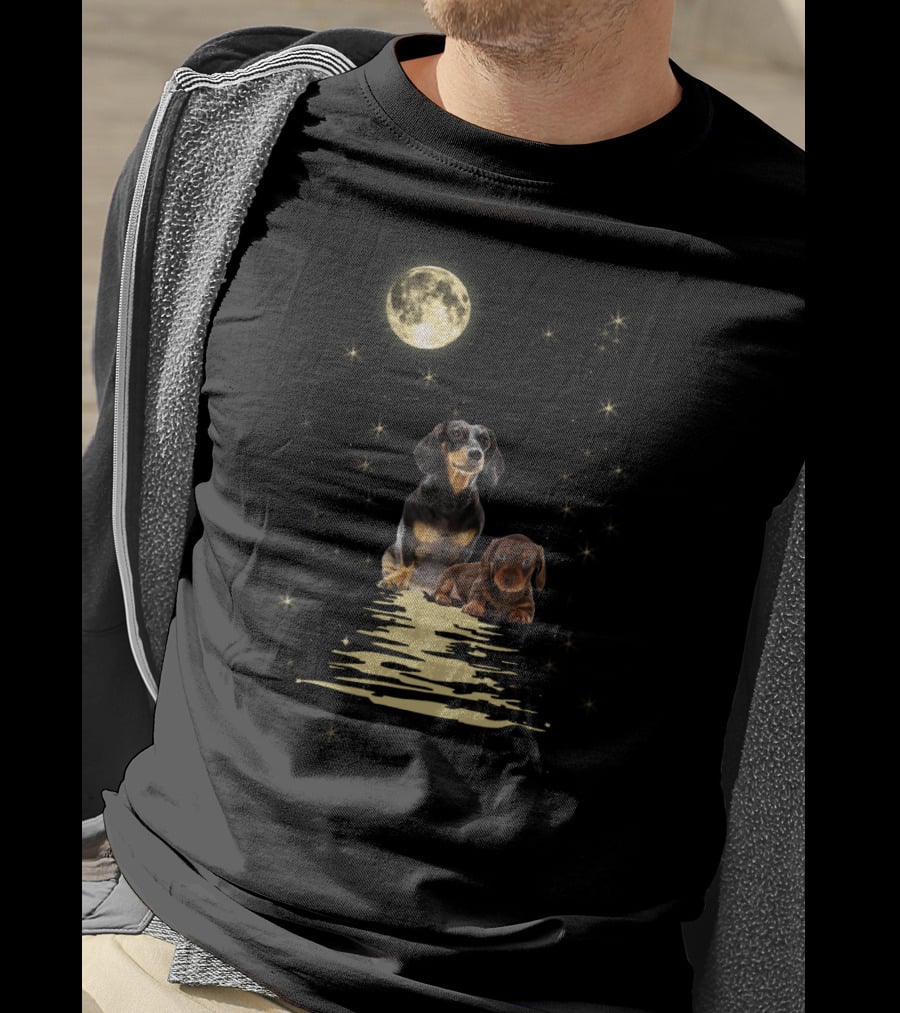 Dachshund Moonlight Reflections With Starry Night Sky T-Shirt