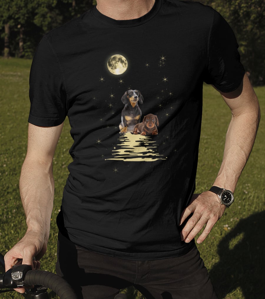 Dachshund Moonlight Reflections With Starry Night Sky T-Shirt