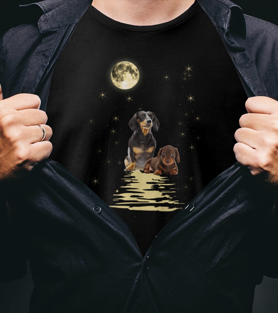 Dachshund Moonlight Reflections With Starry Night Sky T-Shirt