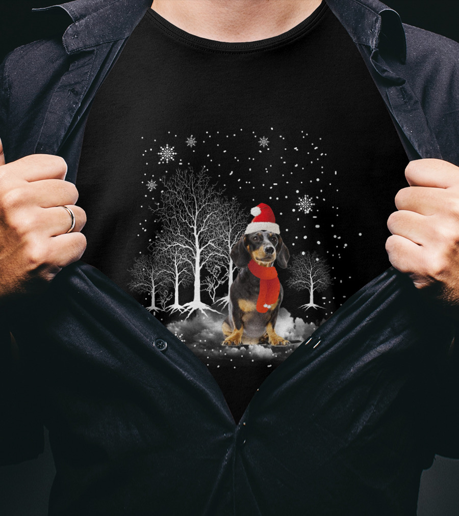 Dachshund Retriever In Santa Hat With Snowflakes And Winter Trees T-Shirt