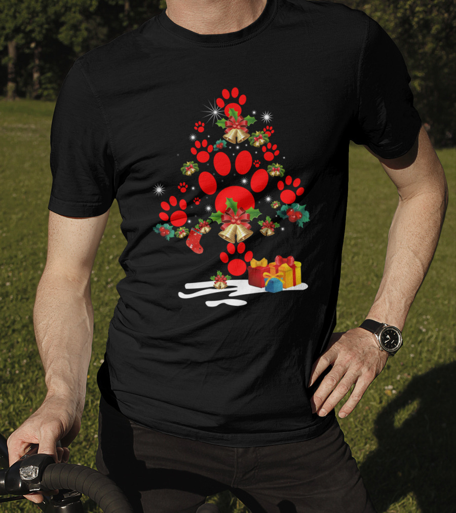 Dog Paw Christmas Tree With Bells And Holly T-Shirt