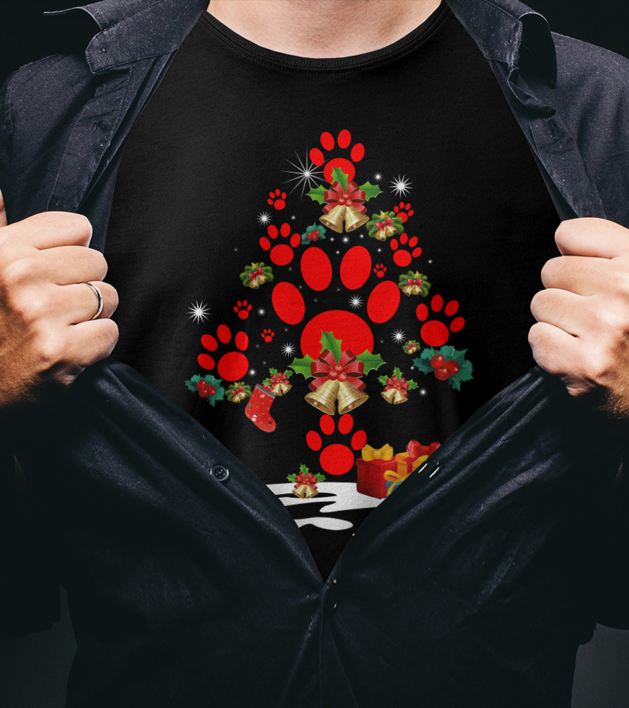 Dog Paw Christmas Tree With Bells And Holly T-Shirt