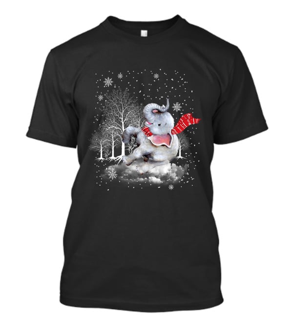 Elephant Christmas Snowflake Scarf Winter Forest Scene T-Shirt
