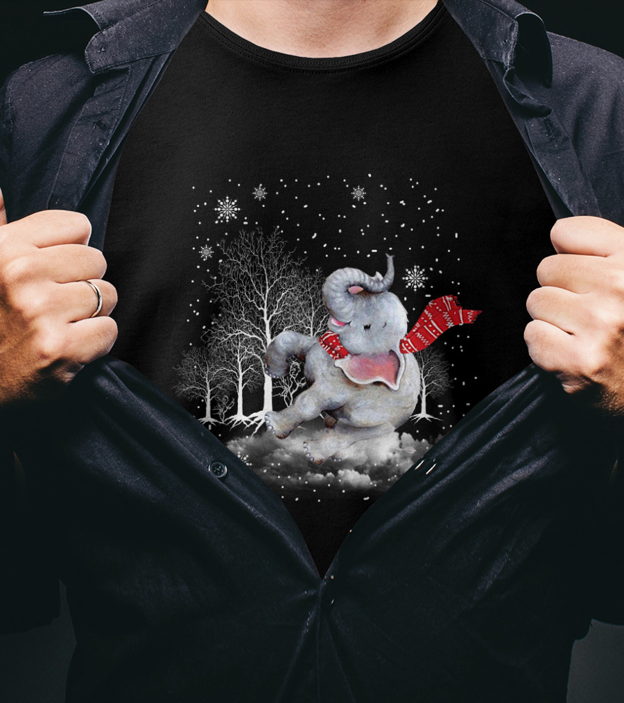 Elephant Christmas Snowflake Scarf Winter Forest Scene T-Shirt