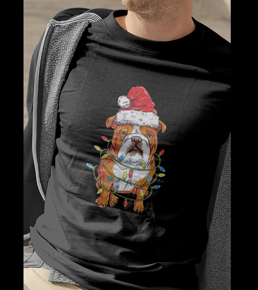 English Bulldog Christmas Santa Hat Festive Lights T-Shirt