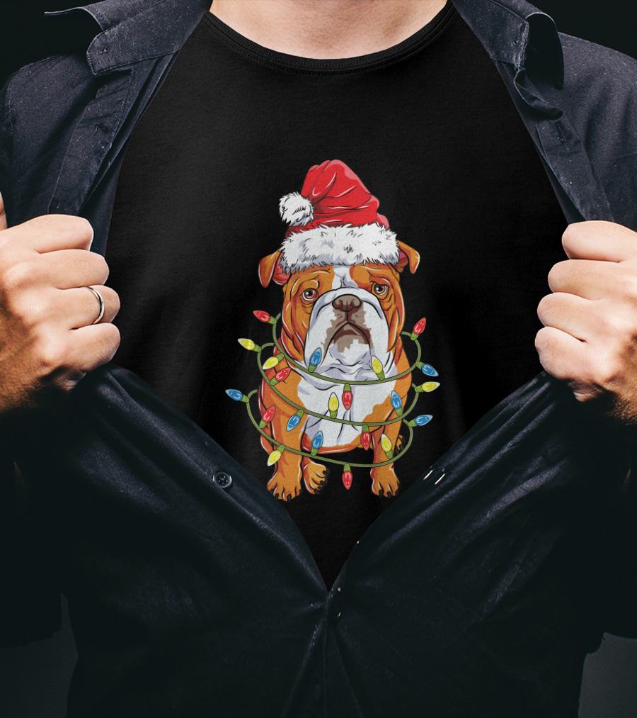 English Bulldog Christmas Santa Hat Festive Lights T-Shirt